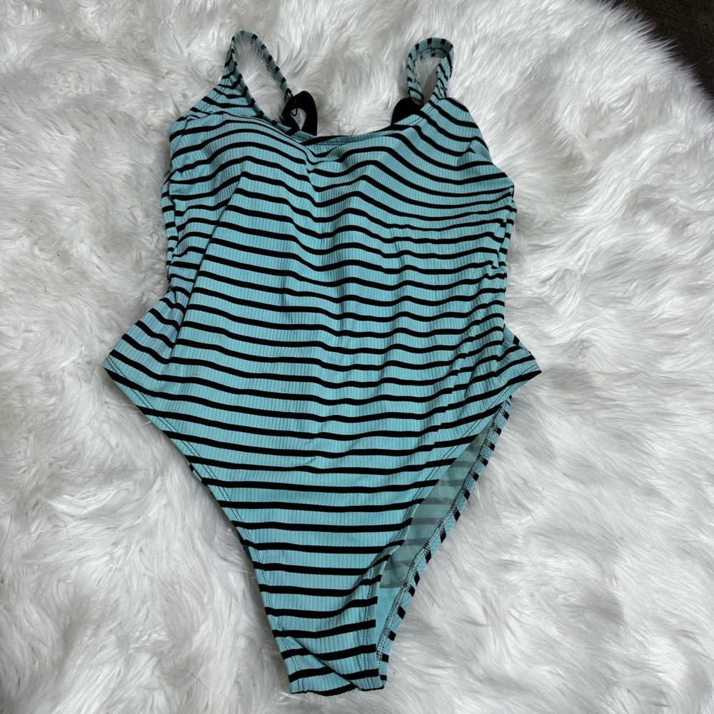 Reitmans Black and Teal Striped One Piece Swimsuit